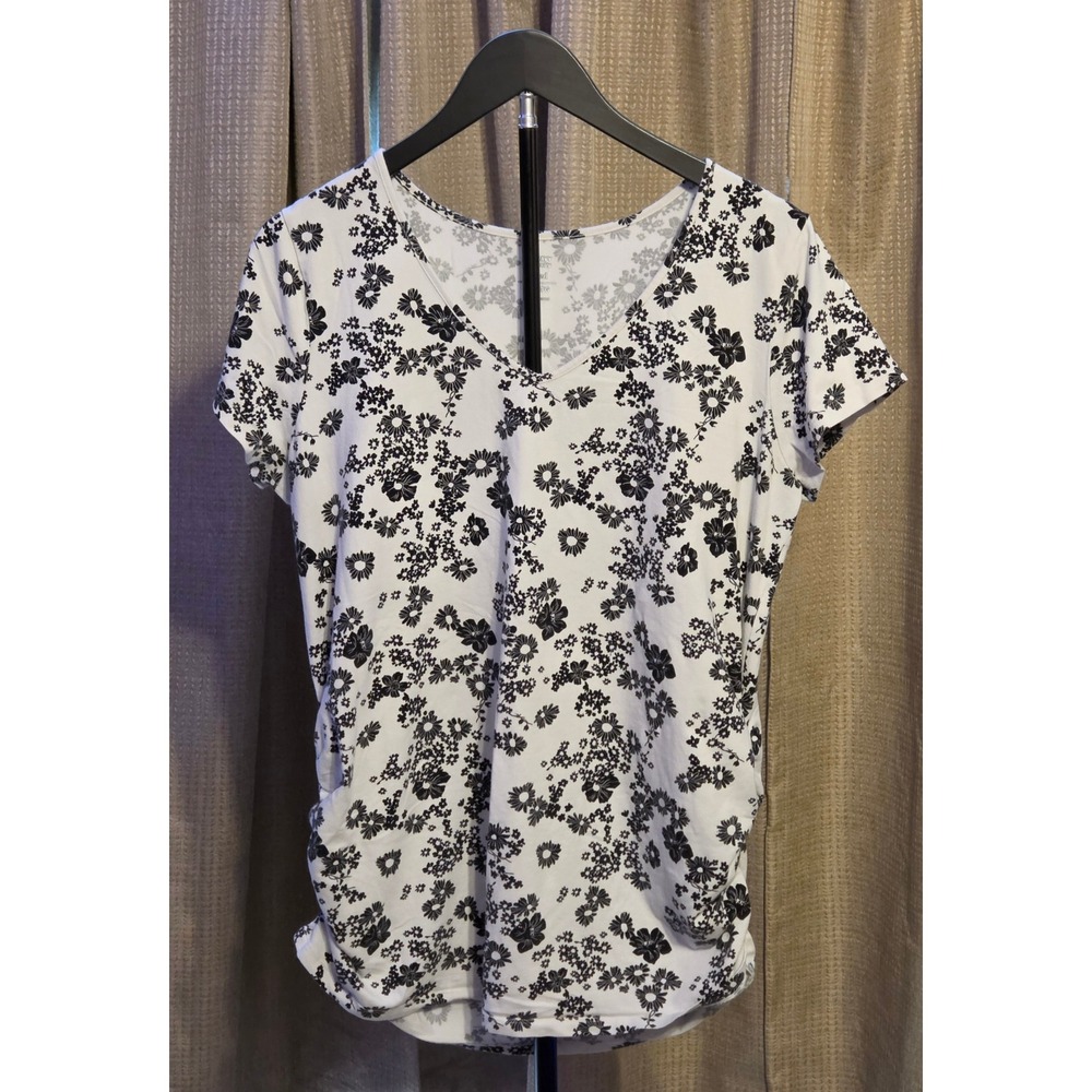 Old Navy Maternity Fitted V-Neck Shirt Womens Size XL White Black Floral